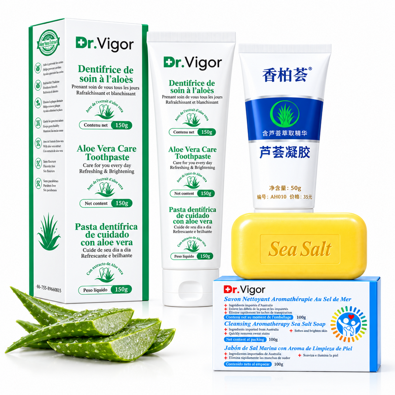 Dr. Vigor Daily Personal Care Bundle | Aloe Vera Face Gel, Sea Salt Soap & Toothpaste