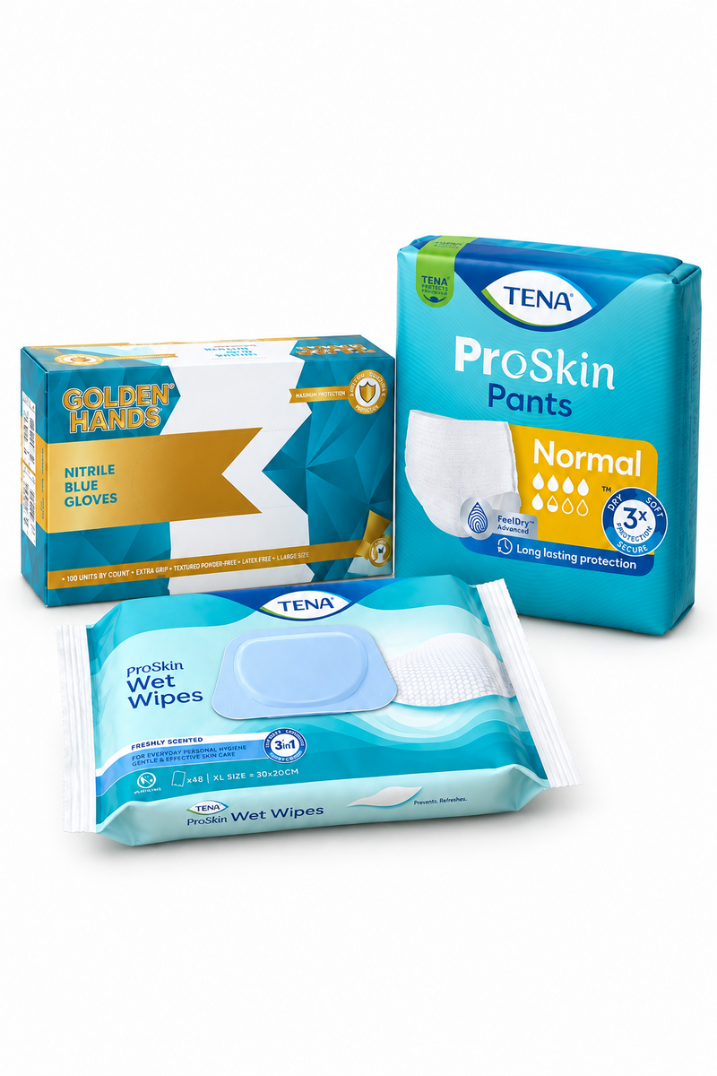 DAATS Essential Care Bundle – TENA ProSkin Pants, Wet Wipes & Golden Hands Blue Nitrile Powder Free Examination Gloves  | Adult Incontinence Care Pack