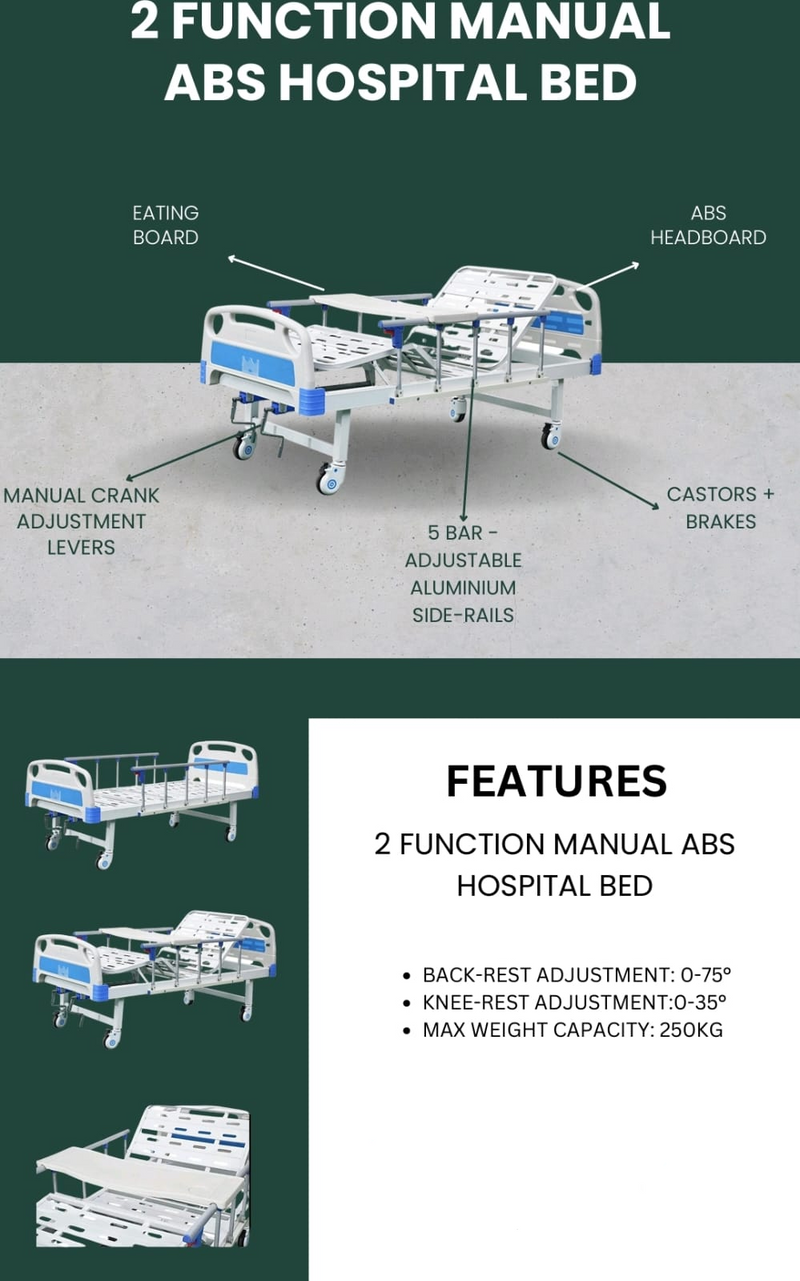 2 Crank Hospital Bed with Driprod – 250kg Capacity
