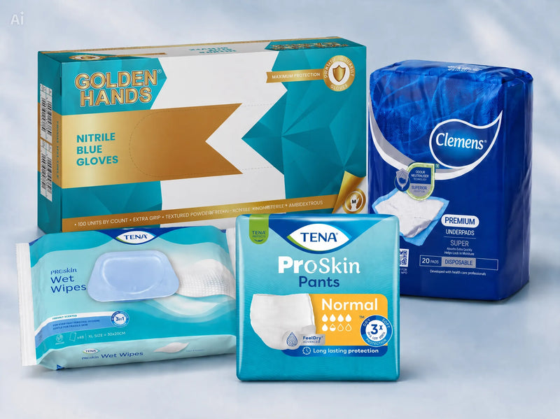 Daily Incontinence Care Bundle – TENA Pants, Clemens Linen Savers, Wet Wipes & Blue Nitrile Powder FreeGloves