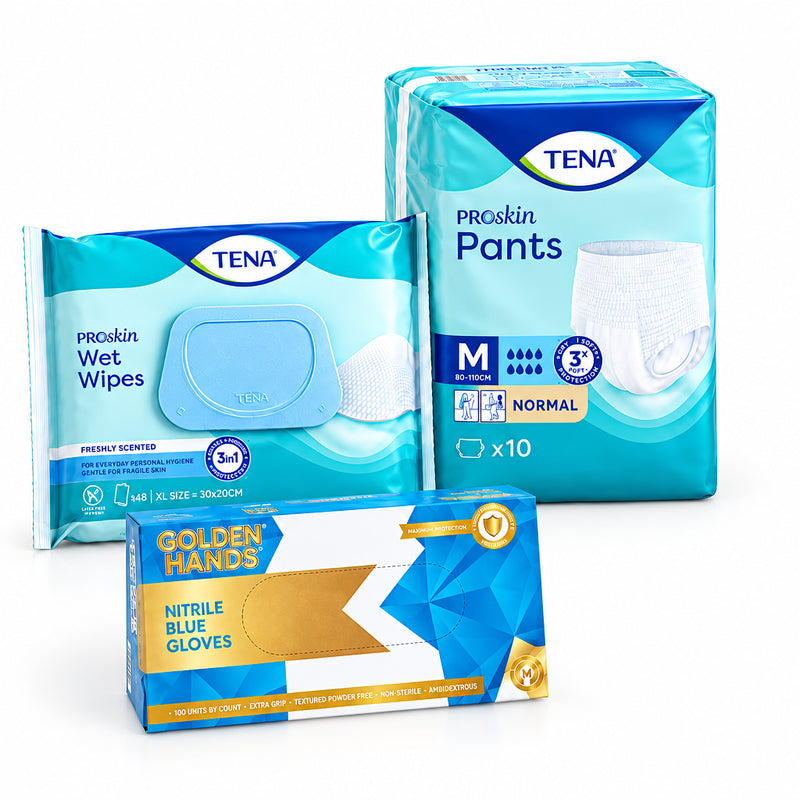 DAATS Essential Care Bundle – TENA ProSkin Pants, Wet Wipes & Golden Hands Blue Nitrile Powder Free Examination Gloves  | Adult Incontinence Care Pack