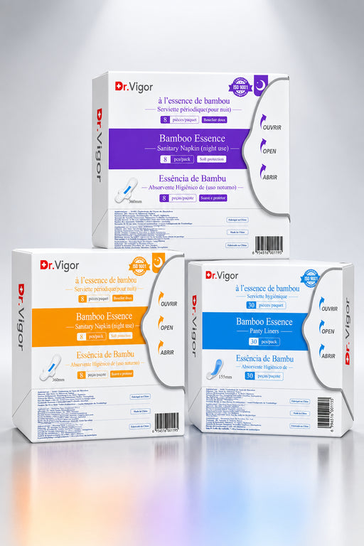 Three Dr.Vigor Bamboo Essence sanitary napkin boxes in different colors (white with purple, white with orange, and white with blue) arranged on a light gray reflective surface.